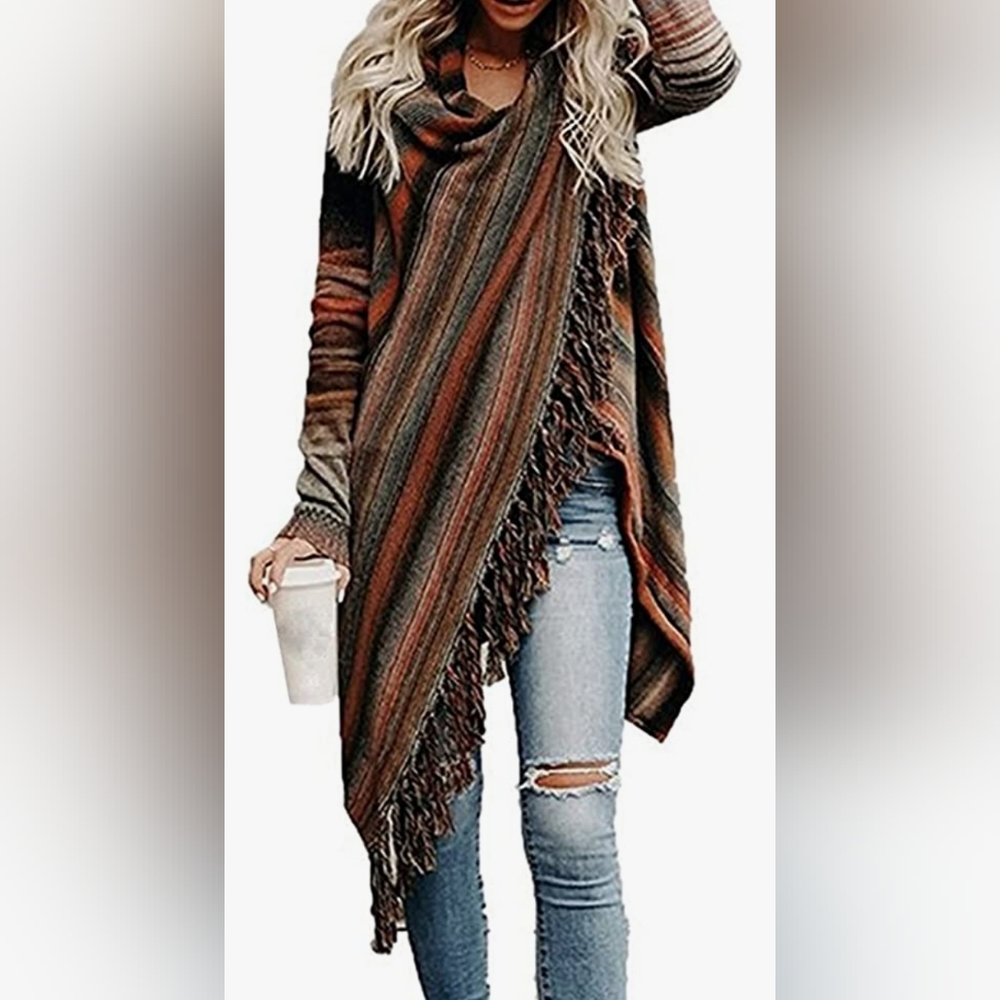 Multi colored Wrap sweater with fringes - Picture 5 of 6